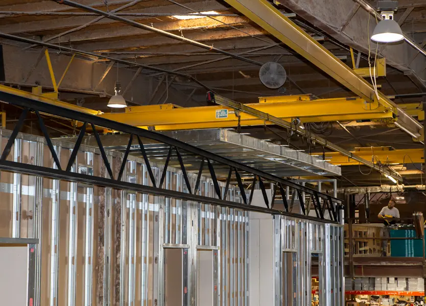 Steel frame modular building section being constructed