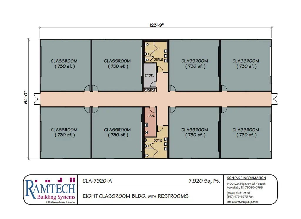 8 classroom building with restroom floor plan